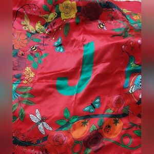 SILK Red Floral Scarf with Green Initial J Karen Mabon Anthropologie NWT